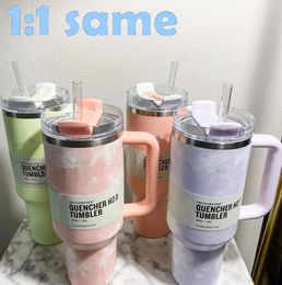 US Stock Quencher 40oz Tumbler Tie Dye Bleu clair Rose Léopard Poignée Couvercle Paille Bière Tasse Bouteille D'eau Revêtement En Poudre En Plein Air Camping Tasse B1226