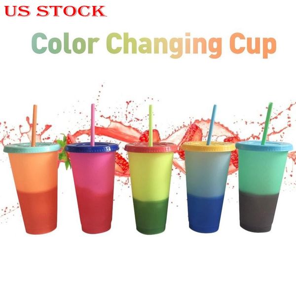 US Stock réutilisable en plastique température changement de couleur tasse avec paille écologique magique verre glace eau dégradé couleur tasses