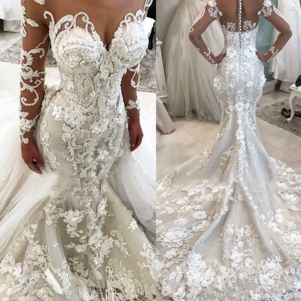 2022 Vintage 3D Fleurs Robes De Mariée Sirène Avec Train Détachable De Luxe Manches Longues En Dentelle Appliques Plus La Taille Plus La Taille Robe De Mariée Africaine