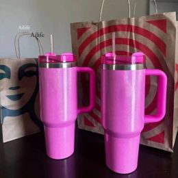 Stock stock de primavera azul negro croma de invierno rosa cosmo tumbler enfriando a la marca compartida de la marca 40 oz botella de agua con tapa de mango de tazas de acero inoxidable y tazas de paja 0508