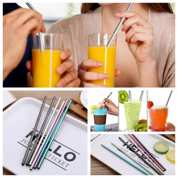 Stock de EE. UU. Paja de bebida de acero inoxidable 6x0.5x215 mm Reutilizable Rainbow Gold Metal Straight Bend Straws Drink Tea Bar Pajitas para beber P0906