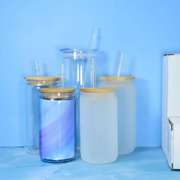 Lata de vidrio de sublimación de EE. UU. De 12 oz con tapa de bambú Lata de cerveza de paja reutilizable Vaso de vidrio esmerilado transparente Taza de lata de refresco