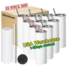 US Stock Sublimation Blanks 20oz Stainless Steel Tumblers Cups with Plastic Lid And Straw Car mugs Keep Drinking Cold Water Bottles 0511