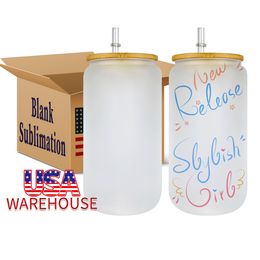 US Stock Sublimation Glass Wine Cups Bier Mocs met bamboe deksels en stro Diy lege plekken Fored Clear Mason Jar Tumblers Cocktail Iced Coffee Soda Whisky Cups