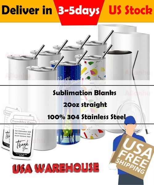 US Warehouse Sublimation Blanks Tumblers 20oz Tazas en blanco rectas de acero inoxidable Vaso blanco con tapas y pajita Botellas de taza de regalo de transferencia de calor 25pcs / Carton