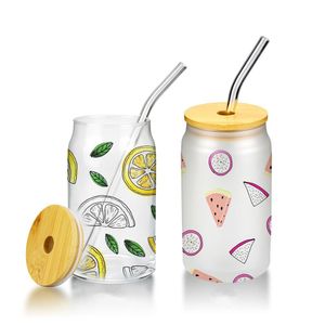 Tazas de sublimación de 16 oz Nuevas lentejuelas creativas Botella de forma de lata de vidrio con tapa y pajita Vasos de verano Mason Jar Juice Cup