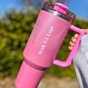 US Stock Tumbler Black Chroma Quenched H2.0 Co-branded roze rood Nieuwe 40oz Mok Tumbler met handvat Antislipdeksel Stro Roestvrij staal Koffie Termos Mok Valentijnsdag