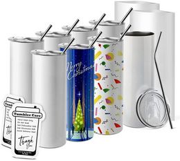 STOCK de EE. UU. Almacén Sublimación en blanco Vasos Tazas en blanco rectas de acero inoxidable de 20 oz Vaso blanco con tapas y botellas de taza de regalo con transferencia de calor de paja