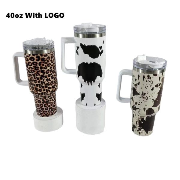 Avec logo 40oz Gobelets en acier inoxydable avec couvercles et paille Guépard Animal Vache Imprimé Léopard Conservation de la chaleur Tasses de voiture de voyage Bouteilles d'eau de grande capacité 1206