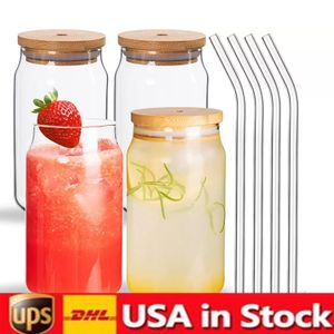 US Warehouse Waterflessen Sublimatie 12oz 16oz glas Tumbler Cups kunnen glazen met bamboe deksel herbruikbaar rietje Mok bier Transparant mat Frisdrankbeker drinken GJ02