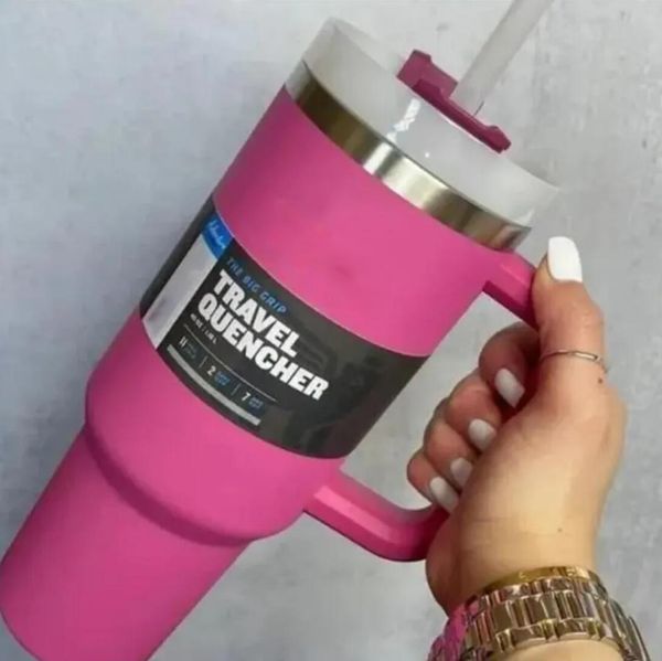 Stock de EE. UU. Botellas de agua Hot Pink 40 oz Vasos de acero inoxidable con tapa de asa y paja Tazas de cerveza de gran capacidad Taza de camping en polvo Bebida aislada al vacío u1128