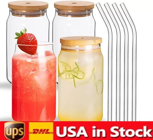 US STOCK Bouteilles d'eau Sublimation 16oz Gobelets en verre avec couvercle en bambou Tasse de paille réutilisable Bière Soda Canette à boire 831