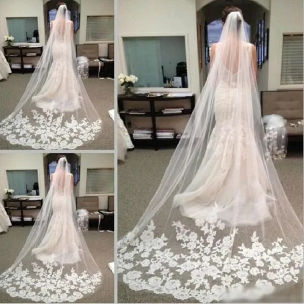 US Stock blanc ivoire dentelle bord voiles cathédrale longueur Mariage Voile De mariée 1 niveau Long Voile Mariage Tulle Veu De Noiva CPA219