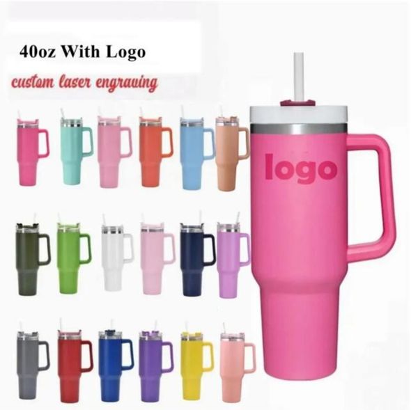 Stock de EE. UU. CON LOGO Tazas de color rosa intenso de 40 oz Vasos de acero inoxidable Tazas Tazas Mango Pajitas Botellas de agua de cerveza de gran capacidad Acampar al aire libre Tapas transparentes / esmeriladas B0120