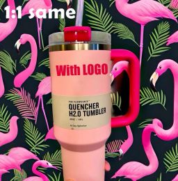 Amerikaanse voorraad met LOGO roze flamingo tuimelaar blusmiddel H2.0 replica 40oz roestvrijstalen bekerhandvat deksel en rietje 1:1 dezelfde autobeker waterfles 0110