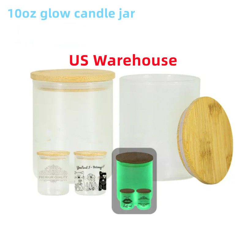 US Entrepôt 10oz Sublimation Bandle Pot de bougies Glow dans l'obscurité avec du couvercle de bambou Coudle givrée Crème de cire de cire de gycle