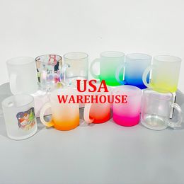 US magazijn gratis verzending 11oz blanco kleurstofsublimatie glas gradiënt ombre kleur kleurrijke regenboog glitter helder mat met handig handvat voor doe-het-zelf