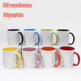 Tasses à café colorées intérieures par sublimation de 11oz, entrepôt américain, tasses en céramique nacrée avec poignée colorée, cups272j