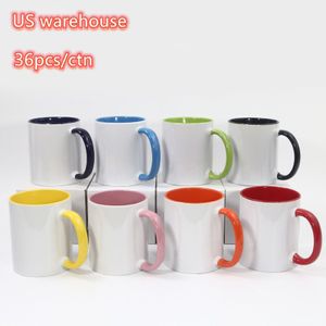 Tasses à café colorées intérieures par sublimation de 11oz, entrepôt américain, tasses en céramique nacrée avec poignée colorée, cups332k