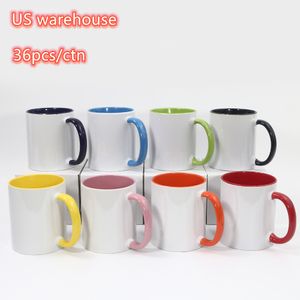 US Warehouse 11oz Sublimación Colorfs Inner Coffe Tazas de cerámica Pearlescent con tazas de mango coloridas