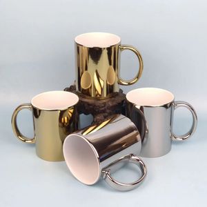 US magazijn 11oz sublimatie plating koffiemokken Parelmoer keramische mokken met zilveren en gouden handvatten