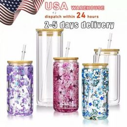 USA/CA magazijn 12 OZ 16 OZ 25 OZ Tuimelaars Mokken Clear sublimatie dubbelwandige glazen tumbler glitter DIY sneeuwbol blanco kan met bamboe deksels bier sap glazen beker