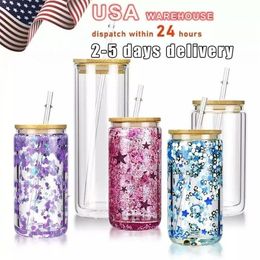 US Warehouse 12oz 16oz 25oz Tuimelaars Mokken Clear Sublimation Dubbele wandglas Tuimelaar Glitter Diy Snow Globe Blank Can met bamboe deksels biersapglazen Cup 1027