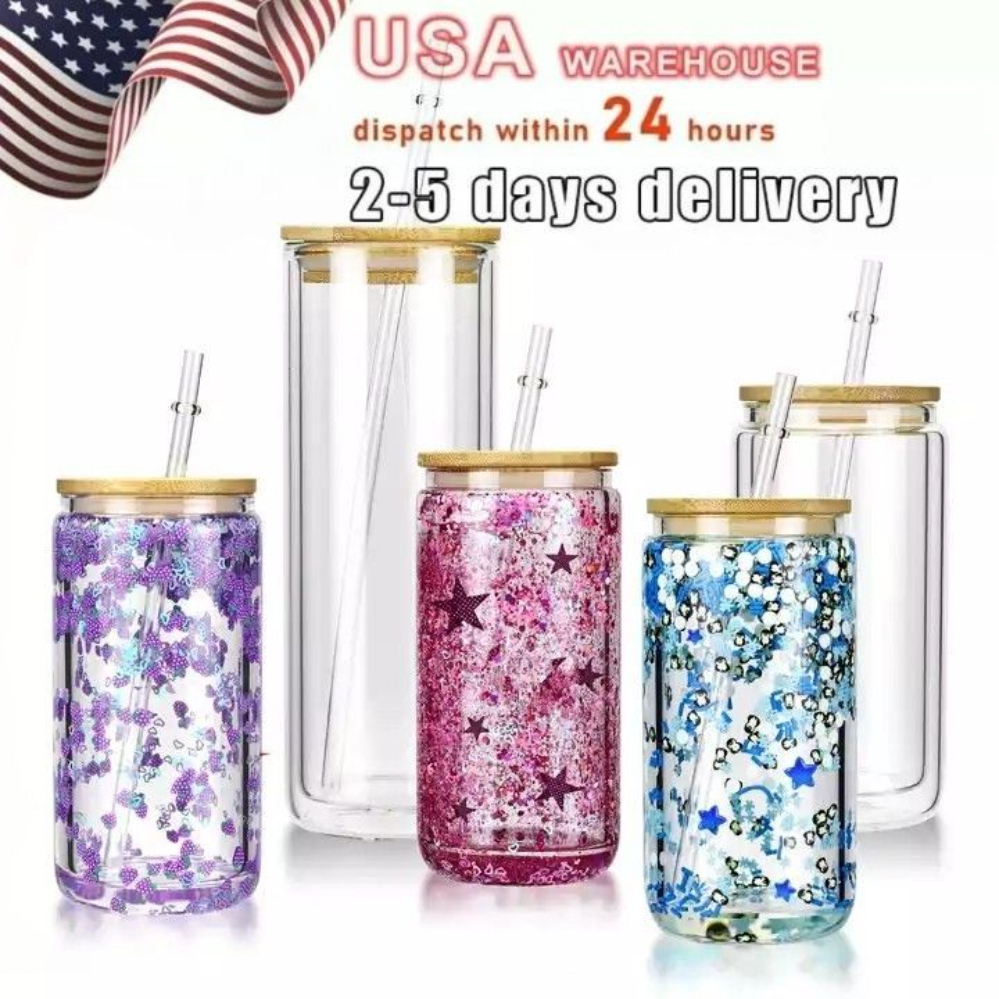 Clear sublimation Mugs US warehouse 12OZ 16OZ 25OZ Tumblers double wall glass tumbler glitter DIY snow globe blank can with bamboo lids beer juice glasses cup wly935