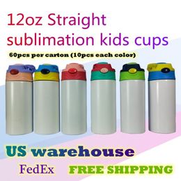 US Warehouse 12oz Kids Sublimatie Sippy Cups Lege Rechte Tuimelaars Met Gemengde Deksels Roestvrijstalen Drinkfles 60pcs carto248a