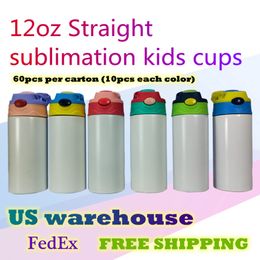 US Warehouse 12oz Kinderen Sublimatie Sippy Cups Blanco rechte tuimelaars met gemengde deksels Staïneloze staal drinkfles 60 stks Carton B6 280K