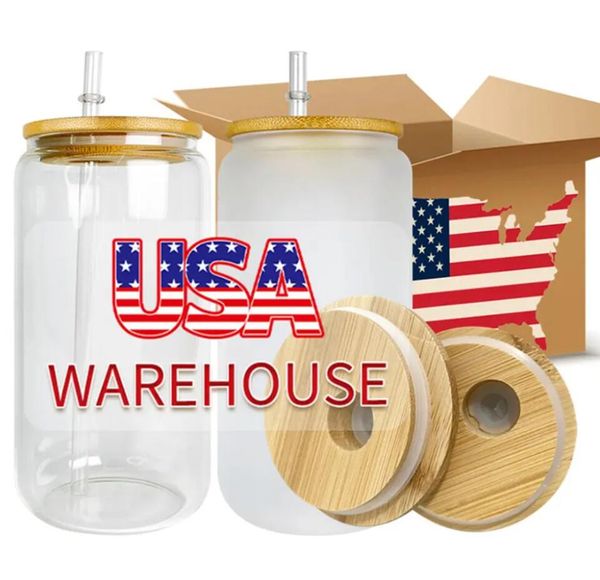 Almacenamiento local de EE. UU. /CA Tazas de vidrio de sublimación de 16 oz con tapas de bambú y tumblers de paja en blanco de bricolaje latas de transferencia de calor tazas de café helado jarras de soda 0522