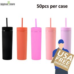 US Warehouse 16oz 5 Kleuren Skinny Tumbler Matte Kleurrijke Acryl Mok Zelfde Kleur Deksel en Stro Jelly Dubbele Muur Plastic Tumblers Cleaner Herbruikbare Cup