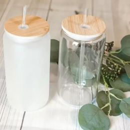 US WAREHOUSE Tasse de sublimation à double paroi de 16 oz en verre transparent transparent peut bouteille d'eau potable avec paille J0415