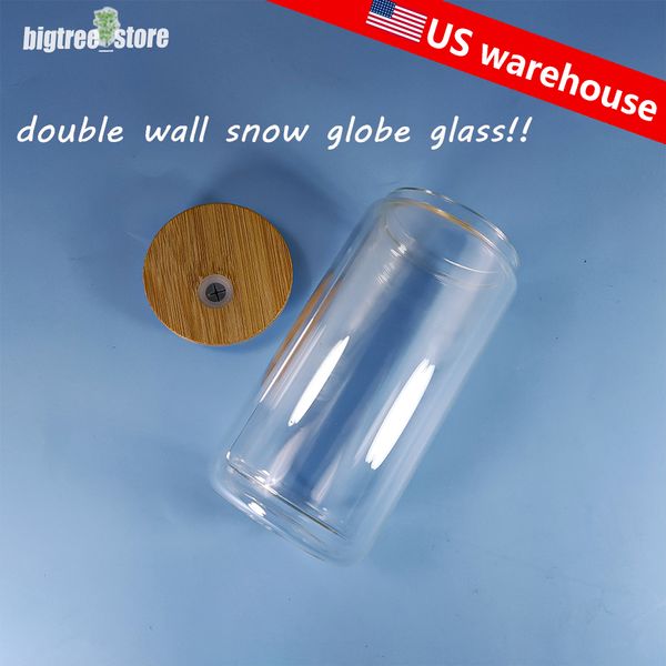 Almacén de EE. UU. 16 oz Sublimación de doble pared Lata de vidrio Globo de nieve Vaso de vidrio Vaso de cerveza Vasos para beber esmerilados con tapa de bambú y pajita reutilizable regalo personalizado