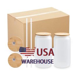 US Warehouse 16 oz taza recta sublimación en blanco esmerilado transparente taza de vidrio de café vasos con tapa de bambú y paja ss0316