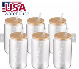 US Warehouse 16 oz tasse droite vierge sublimation givré clair gobelets en verre de café transparent avec couvercle en bambou et paille tt0328