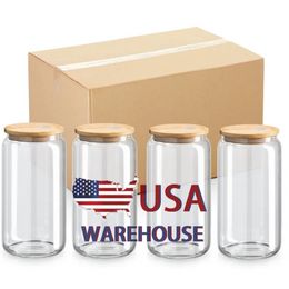 US Warehouse 16oz Mok rechtdoor lege sublimatie Frosted Clear Transparant Coffee Glass Cup Tumblers met bamboe -deksel en stro SS0416