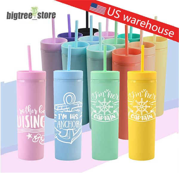 Entrepôt américain 16 oz Skinny Tumbler Tasse en acrylique coloré mat avec couvercle de couleur assortie et gelée de paille Gobelets en plastique à double paroi Nettoyant Tasse réutilisable en vrac en gros