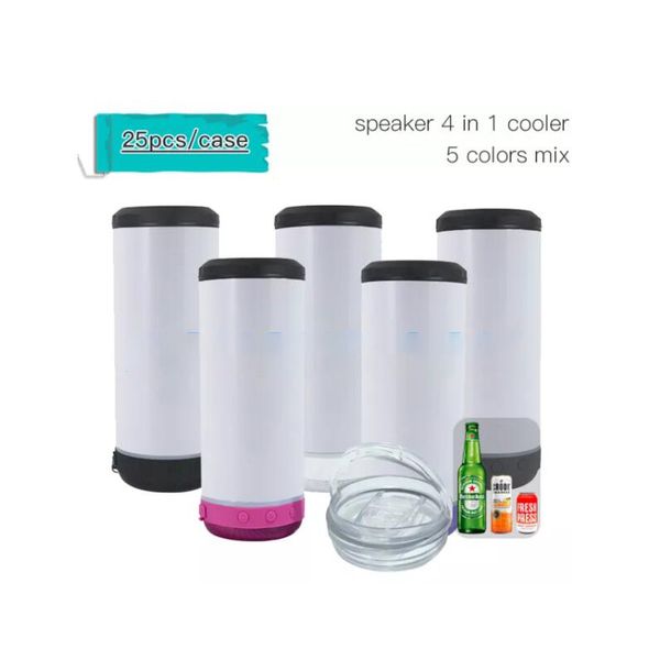 US Warehouse Sublimación de 16 oz 4 en 1 Enfriador de altavoz Bluetooth Enfriador de latas con altavoz Tazas de música inteligentes inalámbricas Botella de agua inteligente de acero inoxidable con tapas
