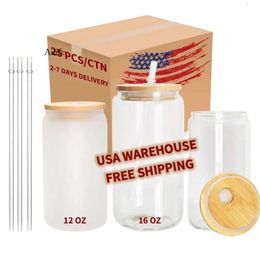 US Warehouse 16oz Tazas de cerveza de vaso sublimación con tapas de bambú y tumblers de paja en blanco de bricolaje latas de transferencia de calor tazas de café helado 4.23 0515