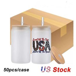 US Warehouse 16oz Sublimatie Glazen Bierpullen met Bamboe Deksel Stro DIY Blanks Frosted Clear Can Shaped Tumblers Cups Warmteoverdracht Cocktail Groothandel