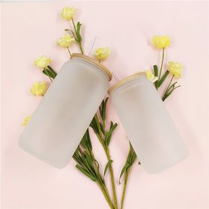 Entrepôt américain 16oz Tasses à bière en verre de sublimation Bouteille d'eau en verre Canette de bière Verre Tumbler Verres à boire avec couvercle en liège en bambou et 251q