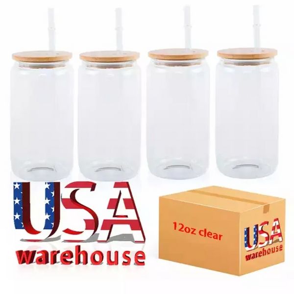 US Warehouse 16oz Tazas de cerveza de vidrio de sublimación con tapa de bambú Paja Espacios en blanco de bricolaje Frosted Clear Can Shaped Tumblers Cups Cóctel de transferencia de calor tt0119