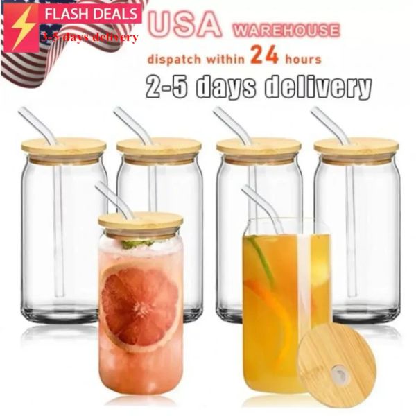 Entrepôt américain 16 oz Sublimation Verre Chopes À Bière avec Couvercle En Bambou Paille DIY Blancs Givré Clair Peut En Forme De Gobelets Tasses Chaleur Cocktail Café Glacé Soda DHL