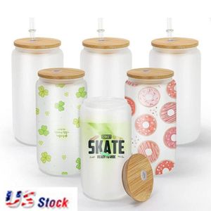 US Warehouse 16Oz Sublimatie Glazen Mokken Cup Blanks Met Bamboe Deksel Frosted Bierblikje Glazen Sneeuwbol Tumbler Mason Jar Plastic Stro Gg0330