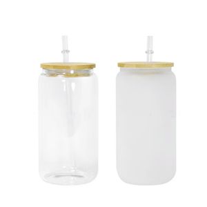 US Warehouse 16 oz Sublimation verre gobelet clair tasses en verre dépoli avec couvercle en bambou paille à boire extérieur Portable bouteille d'eau B5