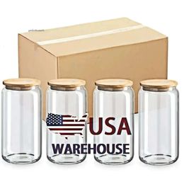 US Warehouse 16oz Sublimation Glasses Bier Mocs met bamboe -deksels en stro -tuimelaars DIY BLANKS CANS Warmteoverdracht staart ijskopjes Mason Jars 0514