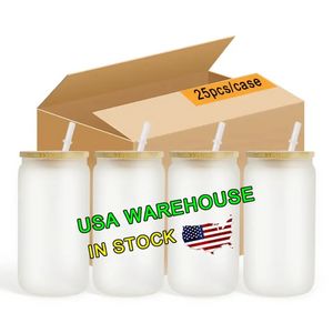 US Warehouse 16oz Sublimation Glasses Bier Mocs met bamboe -deksels en stromebruikers DIY BLANKS CANS Warmteoverdracht Cocktail Iced Cups Mason Jars SS0331