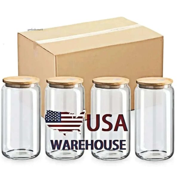 US Warehouse 16 oz Gasos de sublimación tazas de cerveza con tapas de bambú y tumblers de paja en blanco de bricolaje latas de transferencia de calor tazas heladas Jars 0514