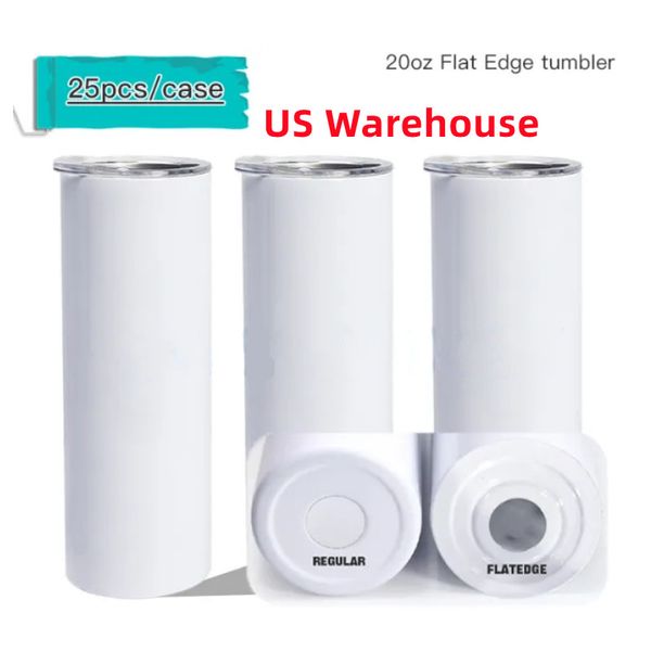 US Warehouse 20oz Sublimation Flat Edge Gobelets droits Skinny Blank avec couvercle Paille en plastique transparent Blanc brillant Tasse à double paroi 25pcs B5